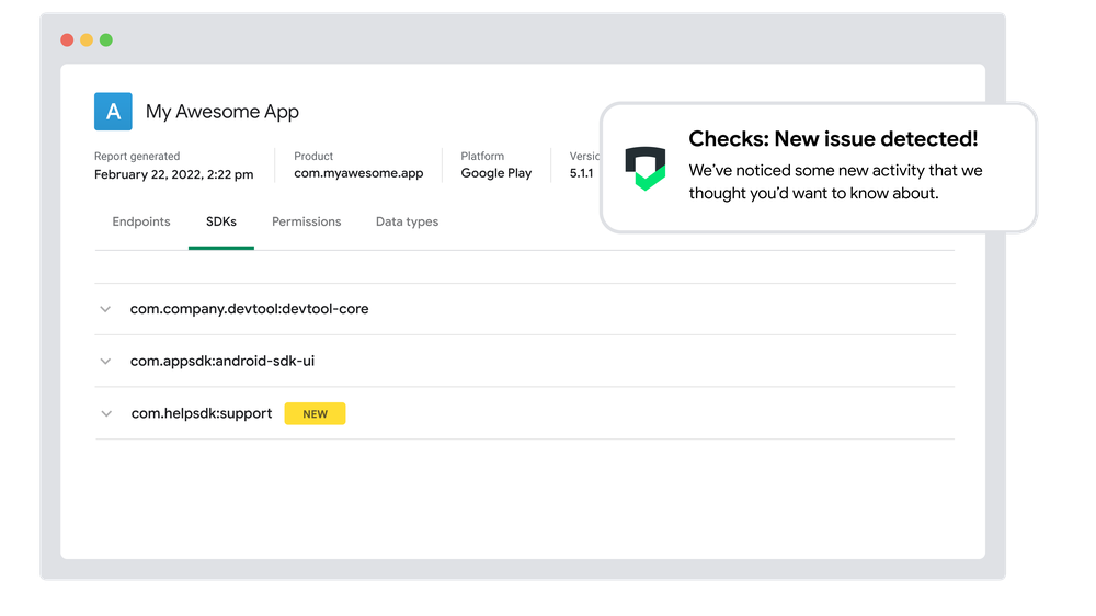 Screenshot of Checks’ Data Monitoring report, spotlighting the SDK findings. A list of SDKs that are in use by an app is provided, and any changes in the last 30 days are flagged as new.