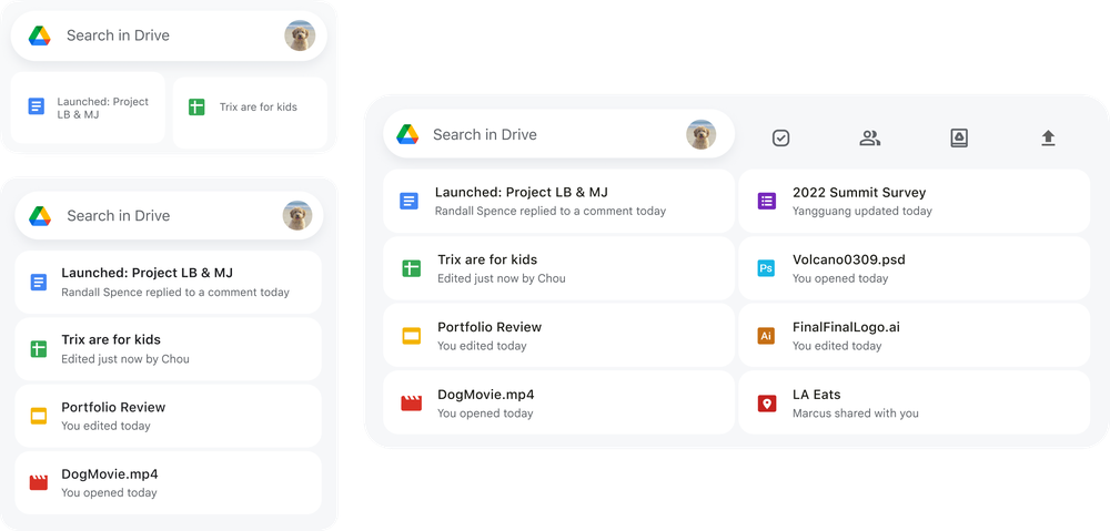 Medium, Large and Extra Large Google Drive widgets in light mode on iOS. Each widget shows a “Search in Drive” text bar with different amounts of Docs, Sheets and Slides.