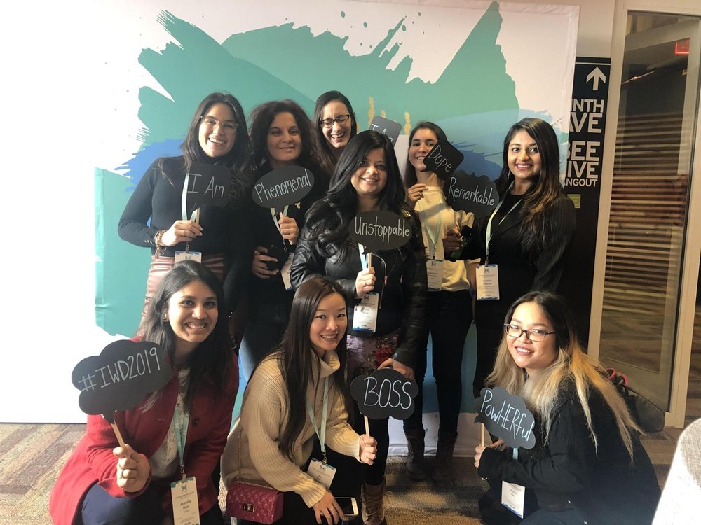 A photo of Google Women Techmakers Carolina Castro, Akansha Boaz, Arunima Sharma, Vidya More, Jia Yin, and Gloria Ho at the IWD Summit 2019 at Google NYC.