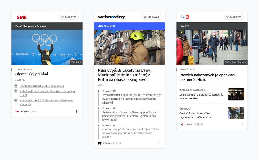 This image shows examples of how some publishers in Slovakia will appear using News Showcase panels