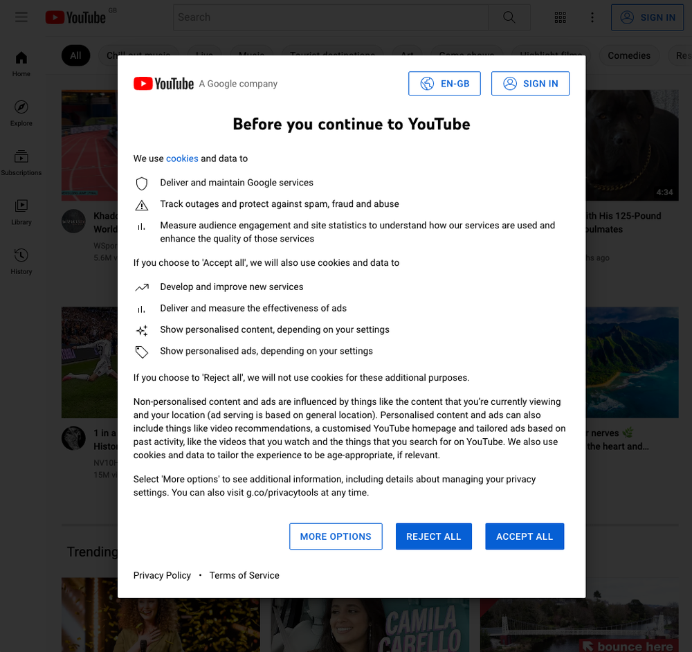 A box that reads, “Before you continue to YouTube,” explains cookies, and asks you to “Reject all” or “Accept all” with one click