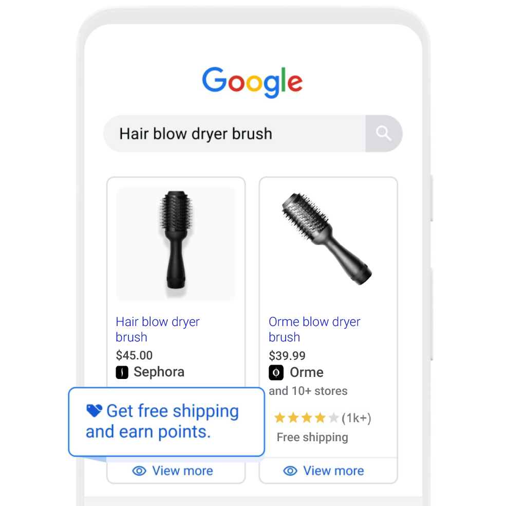 A mobile phone screen showing the search query “hair blow dryer brush.” One of the results shows a tag that says “Get free shipping and earn points.”