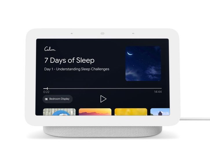 A Nest Hub screen shows the Calm app experience.