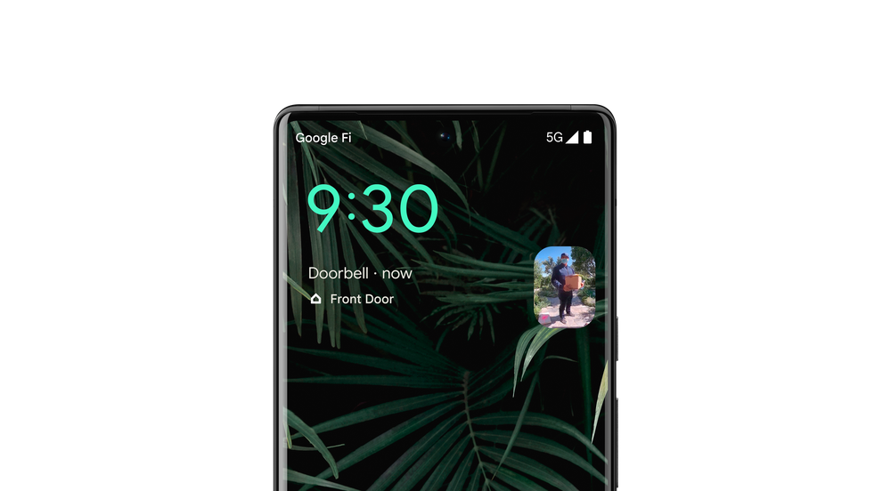 An image of a Pixel phone showing Nest Doorbell video feed on the lock screen.