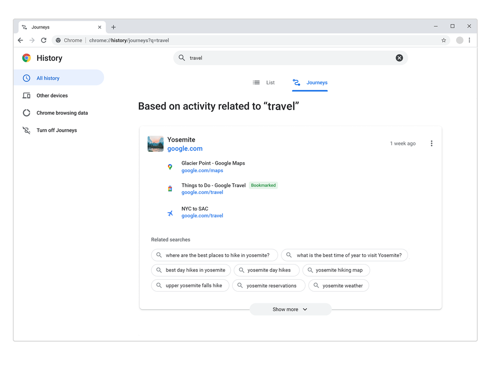 A Chrome browser showing Journeys related to travel. The user can see a cluster of recent searches they did related to a trip to Yosemite.