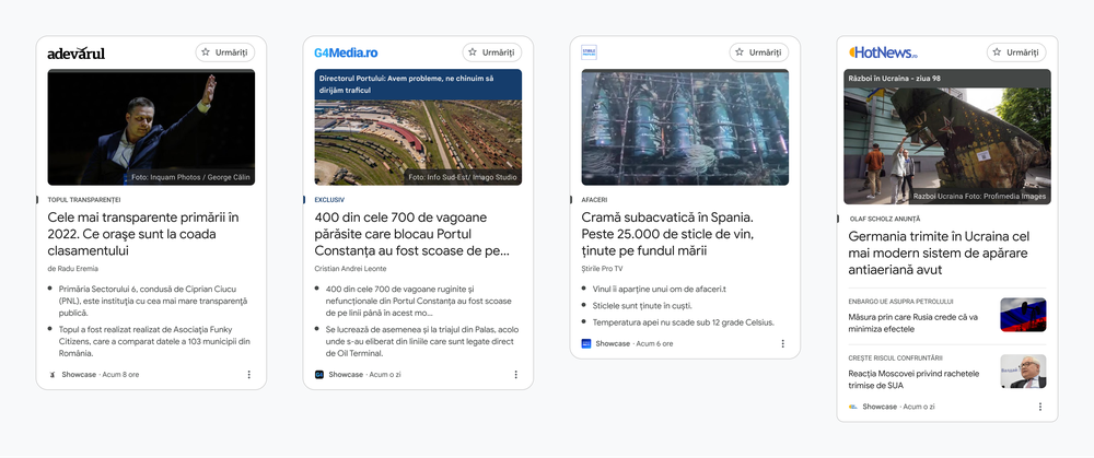 This image shows examples of how some publishers in Romania, including Adevarul.ro, G4Media.ro, HotNews.ro,and StirileProTV.ro will appear using News Showcase panels