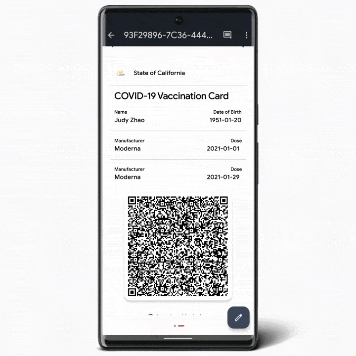 An animated GIF of a Pixel phone showing how you can take a screenshot of your vaccine card and add a shortcut to your home screen.