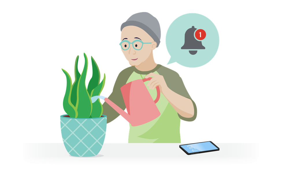 Illustration of a person watering a green plant and receiving a phone alert.