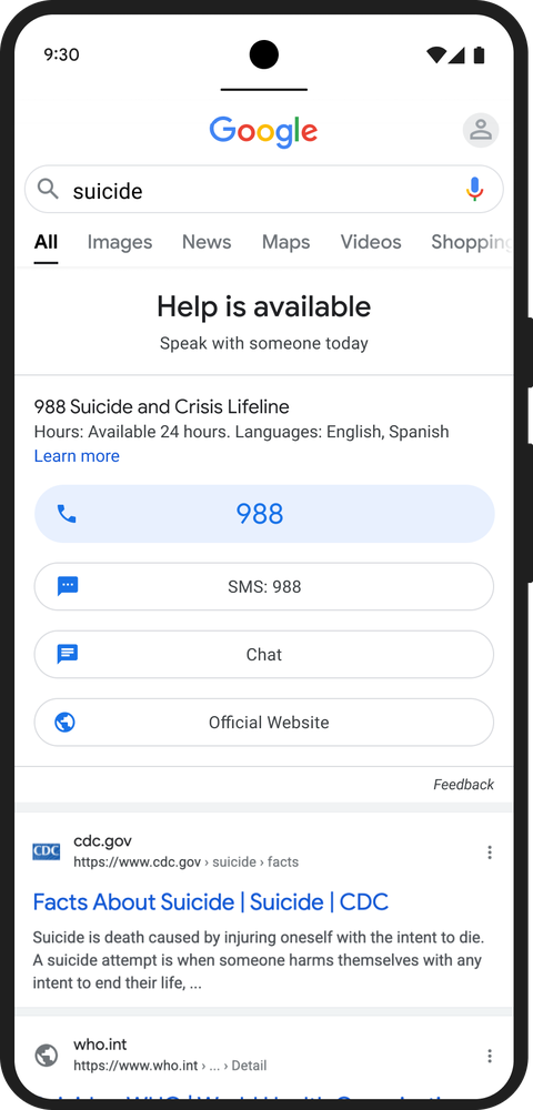 A smartphone screen showing the 988 hotline on Google Search.
