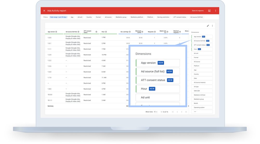 Screengrab of Google Ads user interface, featuring the ads activity report dimensions and metrics in table format