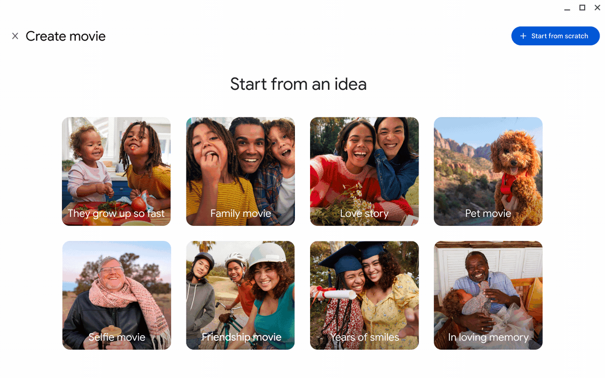 GIF walks through the steps of creating a movie from a suggested theme on Google Photos. “Friendship movie” is selected, then two people are chosen – from there, a movie is produced using clips of these people.