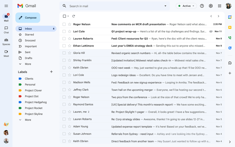 The new design of the Gmail inbox.