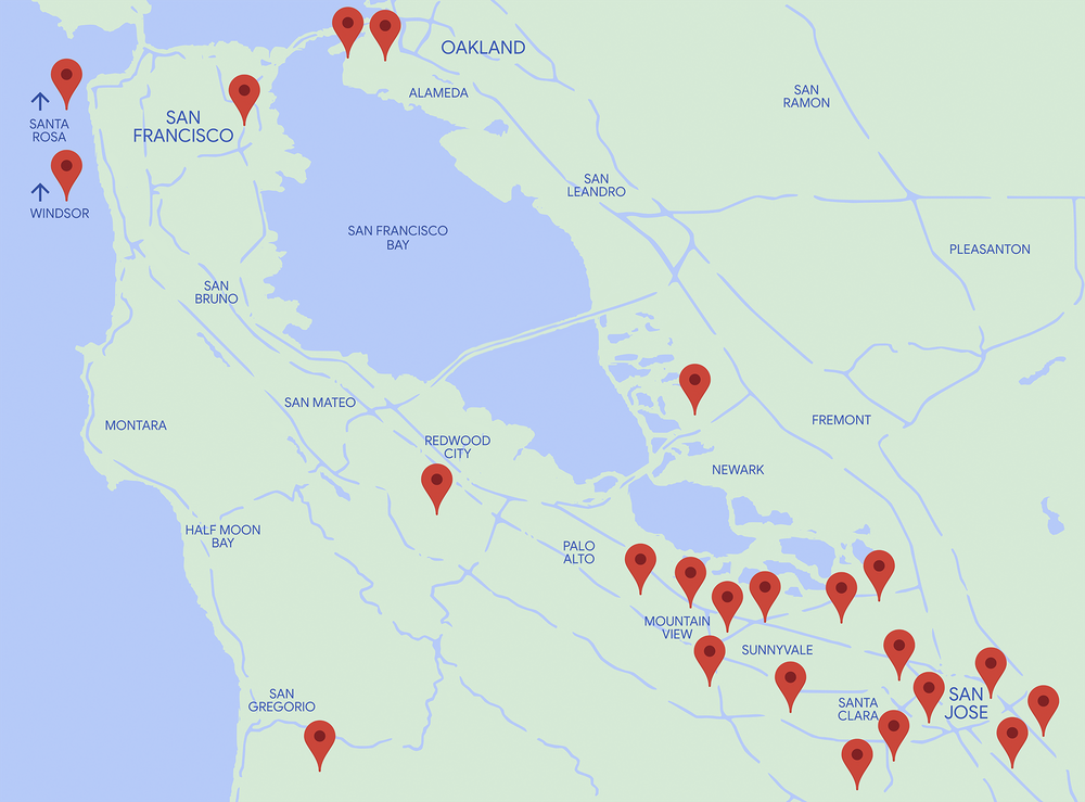 A map illustration of the Bay Area with 23 red markers that indicate the location of affordable housing projects that Google has committed money to from our $250 million investment affordable housing fund.