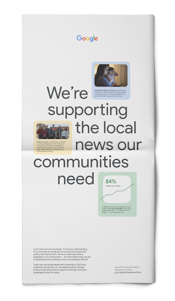 An example of a local ad campaign that says 'we're supporting the local news our communities need.'