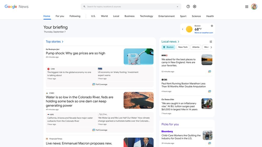 The newly redesigned Google News on desktop, with local news now easier to find.