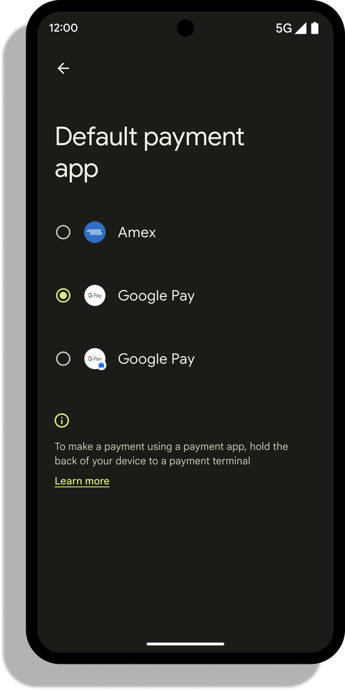 Android phone screen showing the “default payment app” with options for Amex and Google Pay.