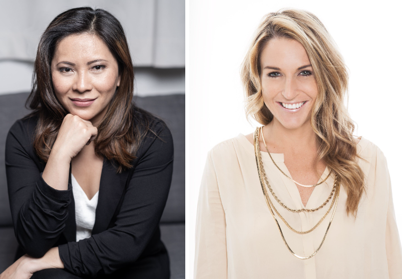 On the left, a woman sits against a black background and smiles at the camera, leaning on her right hand. On the right, a woman wearing a white top and a gold necklace stands in front of a white background, looking into the camera and smiling.