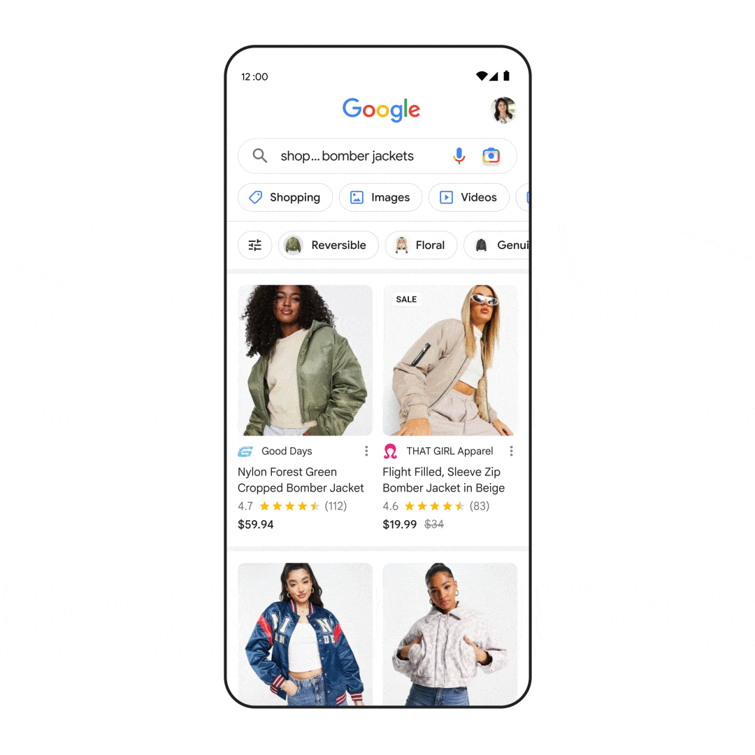 An animation showing Google Shopping’s “trending products” feature in Search on mobile. It scrolls through images and a section called “Trending now.”