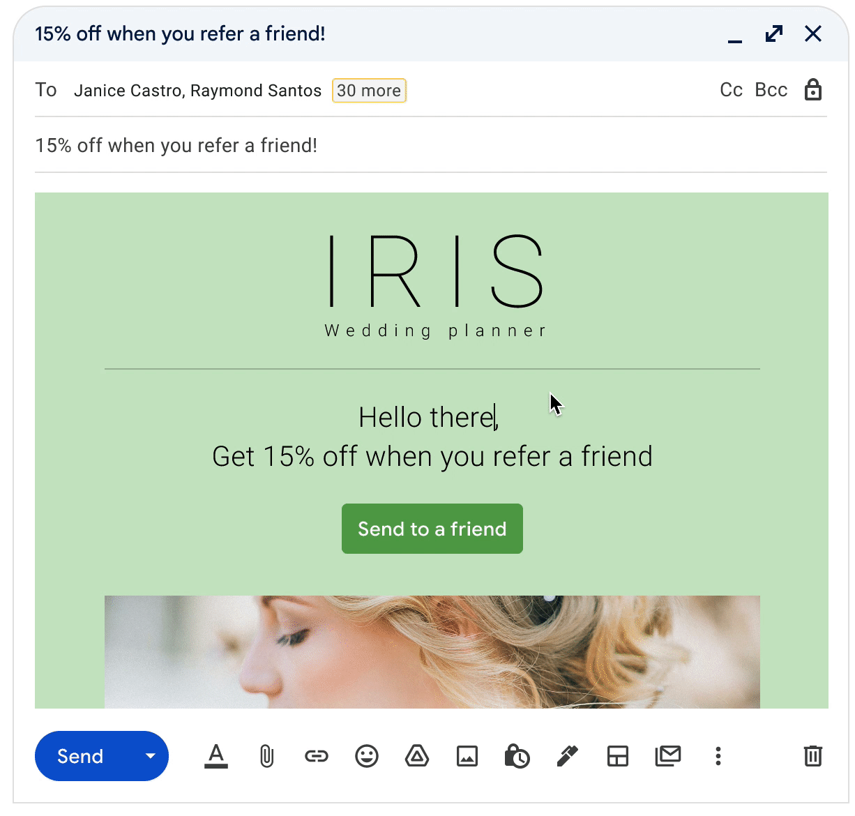 Animated image of mail merge tags being used within a single Gmail that offers the recipient a discount when they refer a friend.