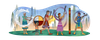 An image of a recent Doodle on Google’s homepage with 5 abstract characters playing Stickball, a traditional sport created by Indigenous tribes.